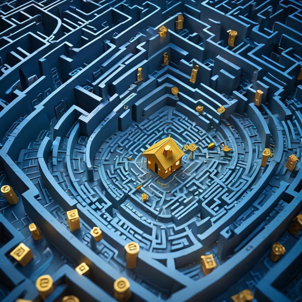 A complex and intricate maze symbolizing the insurance claims process, with various paths leading to a treasure chest filled with coins representing revenue. Include diverse individuals confidently navigating the maze, showcasing determination and strategy. The background should blend soft blues and warm golds, creating a sense of hope and achievement. Include visual representations of insurance documents floating in the air. vibrant colors. 3D.