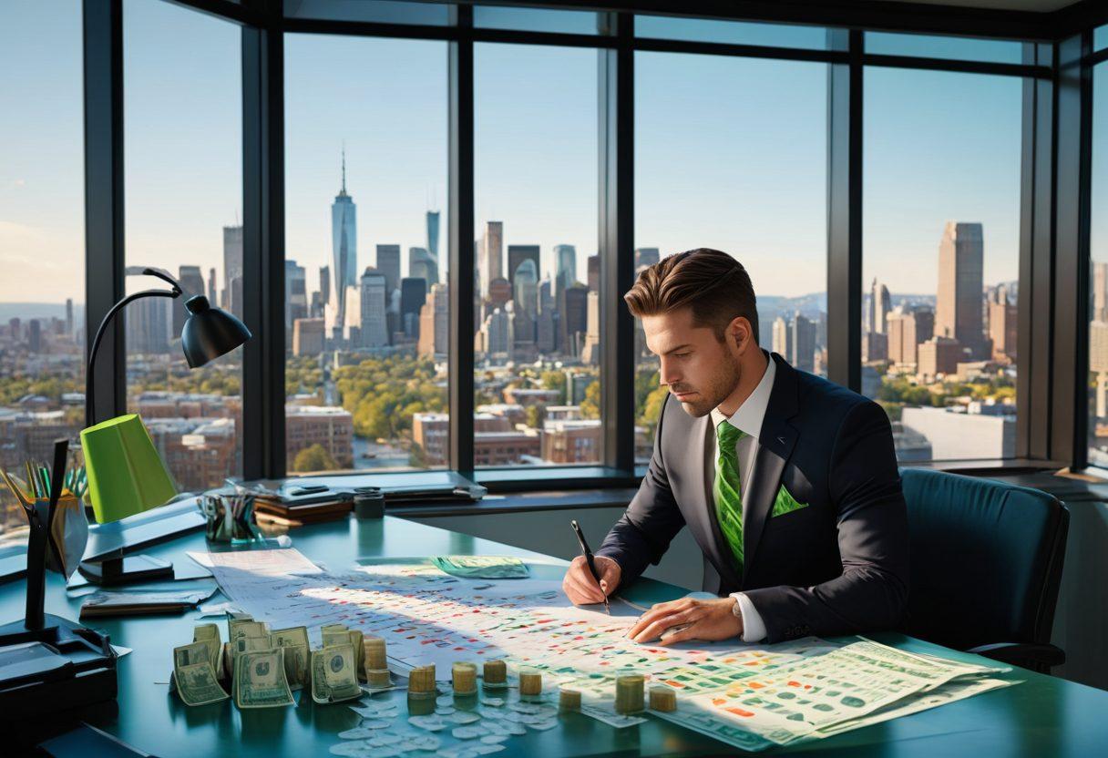 A business professional analyzing financial reports and patient accounts, surrounded by charts and dollar signs symbolizing profit transformation. The setting is a modern office with a dramatic contrast between bills and green dollar bills in the foreground. Include a large window showcasing a city skyline. super-realistic. vibrant colors. 3D.